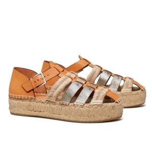 Tory Burch Platform Silver & Tan Espadrille Fisherman Sandals - never worn! Sz 7